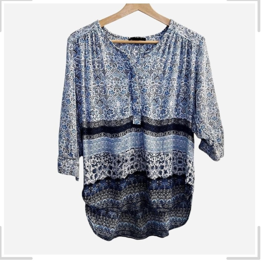 Nine West Blue Multi-Pattern Boho Blouse